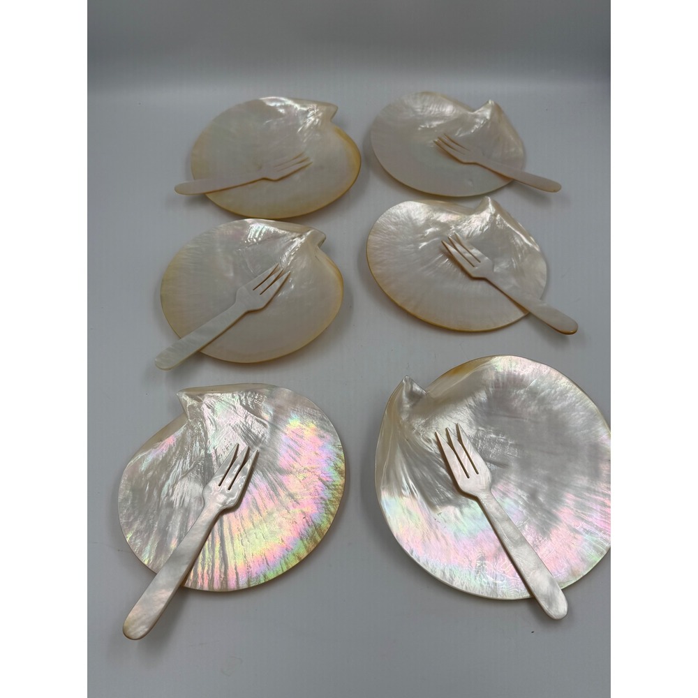 Luxury 6-Piece Iridescent Mother of Pearl Caviar Plates and Matching Forks